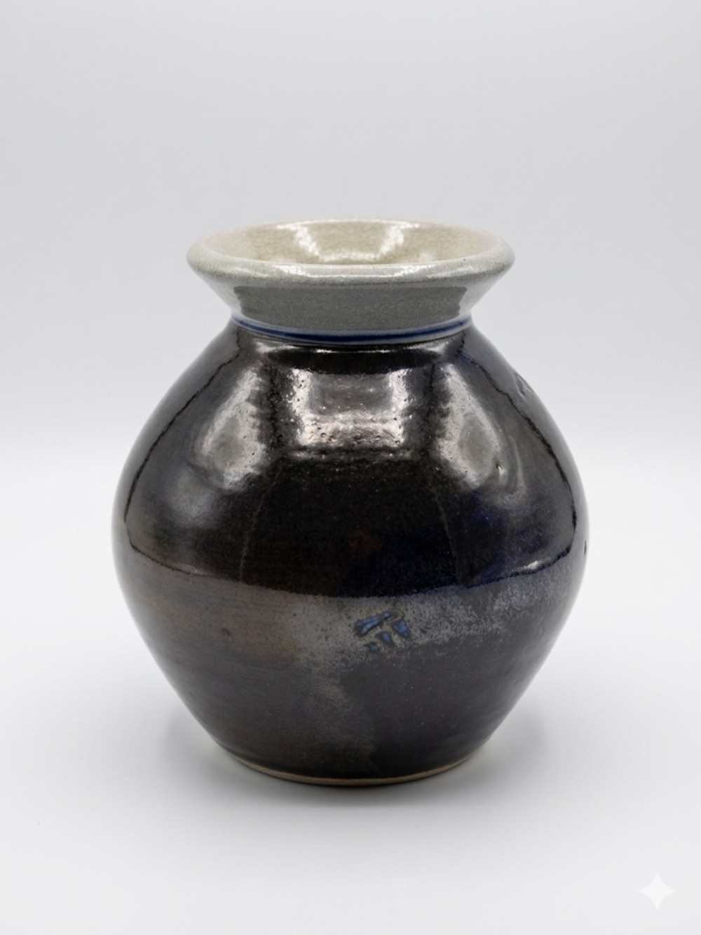 Vintage Studio Pottery Signed Metallic Black & Blue Glaze Bulbous Vase